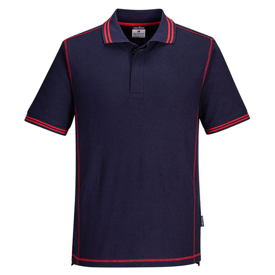 Portwest Essential Two-Tone Polo B218 in navy blue with red accents on the shoulders and collar.