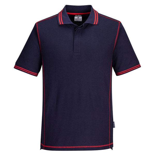 Portwest Essential Two-Tone Polo B218 in navy blue with red accents on the shoulders and collar.