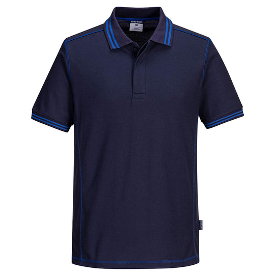 Portwest Essential Two-Tone Polo B218 combining navy blue with royal blue panels for a modern look.