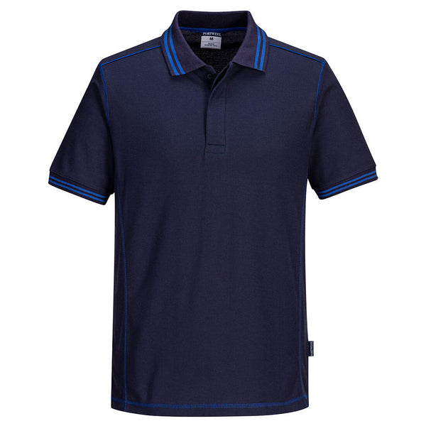 Portwest Essential Two-Tone Polo B218 combining navy blue with royal blue panels for a modern look.