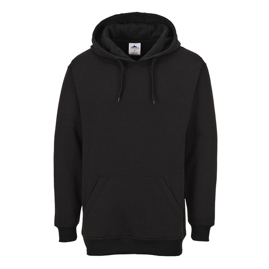 Classic black Portwest Roma Hoodie B302 with a drawstring hood and kangaroo pocket.