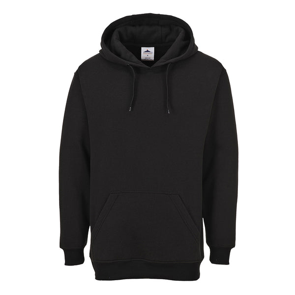 Classic black Portwest Roma Hoodie B302 with a drawstring hood and kangaroo pocket.
