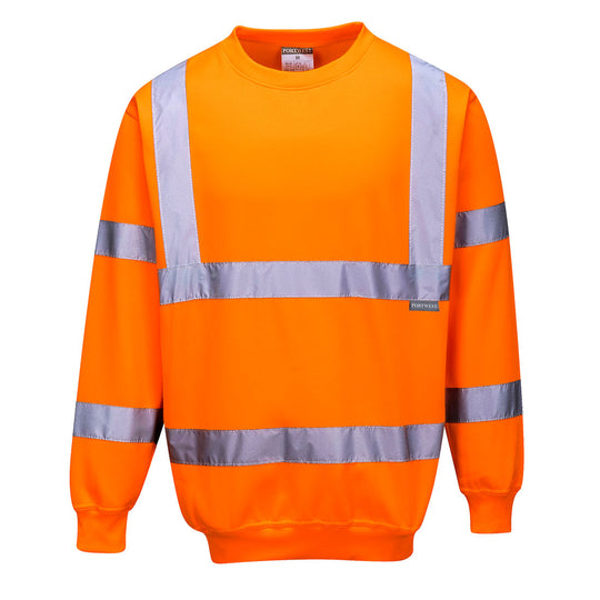 Portwest Hi-Vis Sweatshirt B303 in fluorescent orange with two bands of reflective tape around the body.