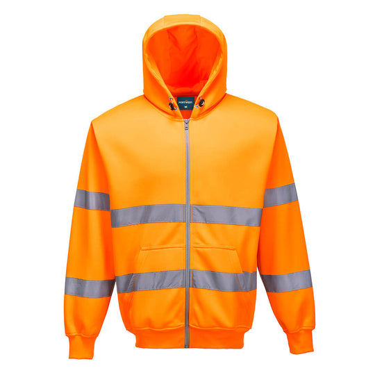 Portwest Hi-Vis Zipped Hoodie B305 in safety orange with full-length zipper and reflective tape.