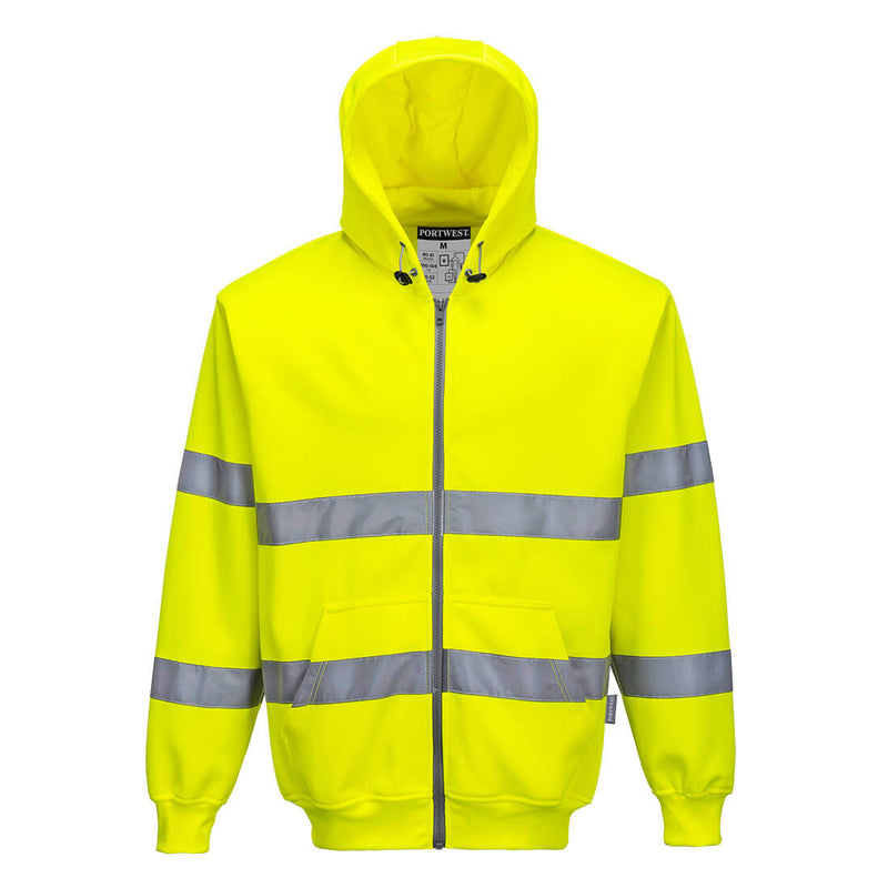 High-visibility yellow Portwest Zipped Hoodie B305 with reflective stripes on the body and arms.
