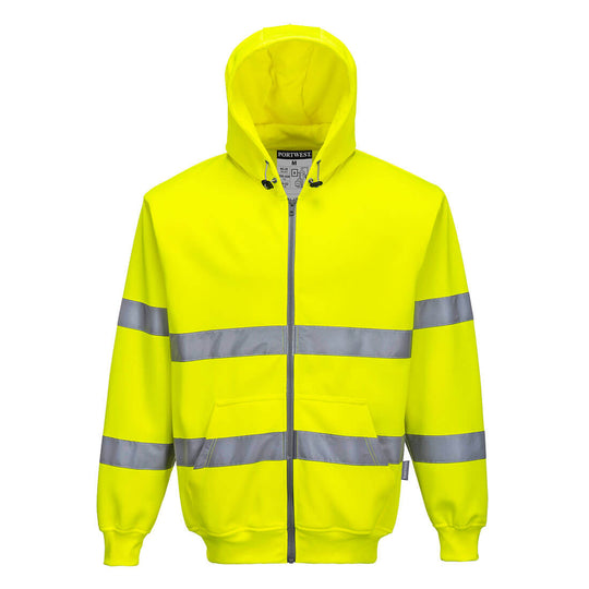High-visibility yellow Portwest Zipped Hoodie B305 with reflective stripes on the body and arms.