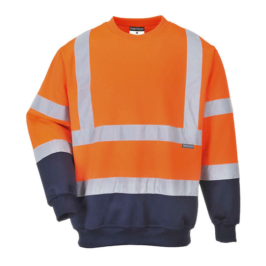 Portwest Hi-Vis Contrast Sweatshirt B306 in orange and navy with reflective bands for visibility.