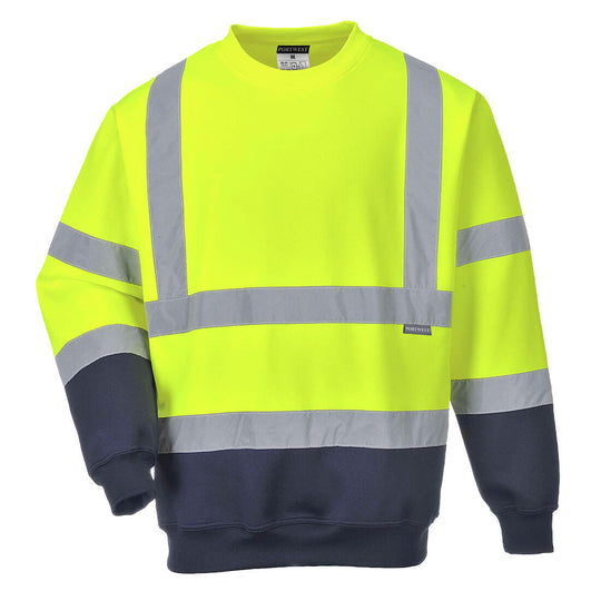 Yellow and navy Portwest Hi-Vis Contrast Sweatshirt B306 with reflective tape for safety compliance.