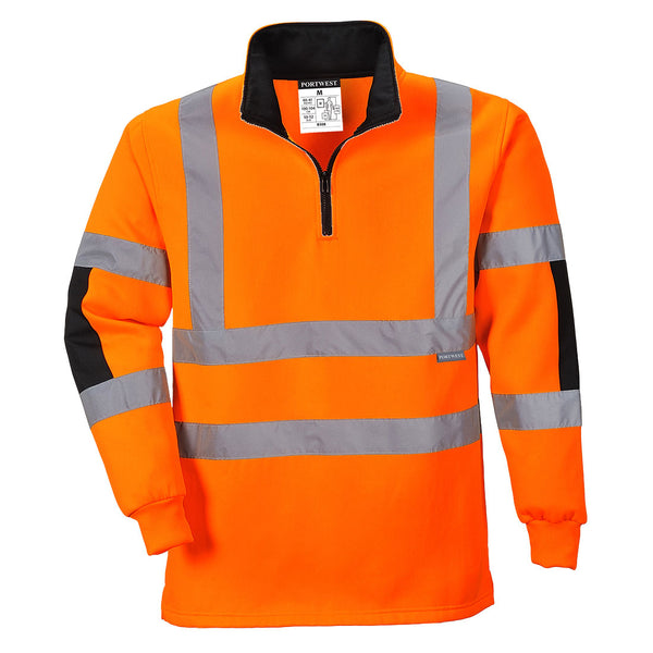 Orange Portwest Xenon Hi-Vis Rugby Shirt B308 featuring a navy collar and reflective stripes.