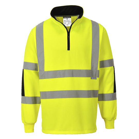Portwest Xenon Hi-Vis Rugby Shirt B308 in fluorescent yellow with a navy contrast collar and cuffs.