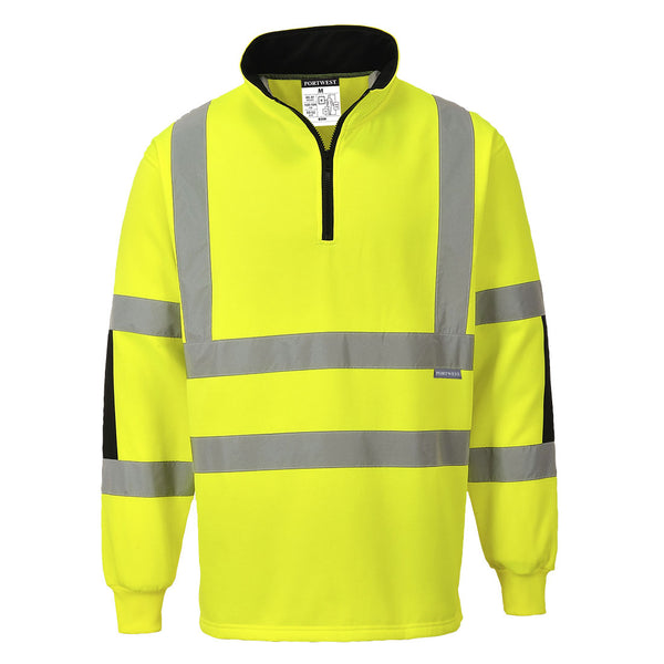 Portwest Xenon Hi-Vis Rugby Shirt B308 in fluorescent yellow with a navy contrast collar and cuffs.