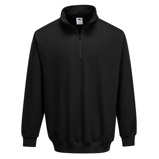 The Portwest Sorrento Zip Neck Sweatshirt B309 in solid black, featuring a high collar for warmth.