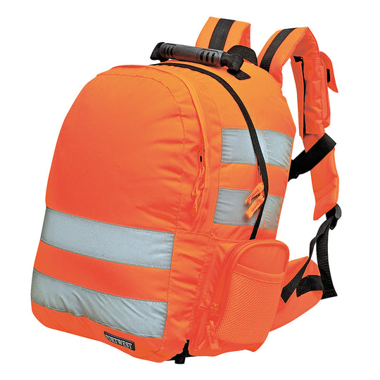 Portwest B904 quick-release hi-vis orange rucksack with reflective strips.