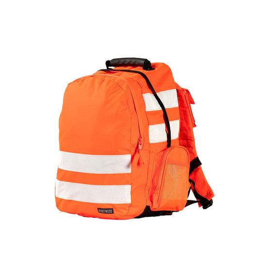 Portwest B905 high-visibility orange rucksack with reflective tape.