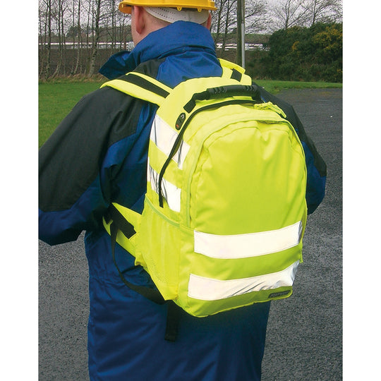 Portwest B905 high-visibility yellow rucksack with reflective tape.