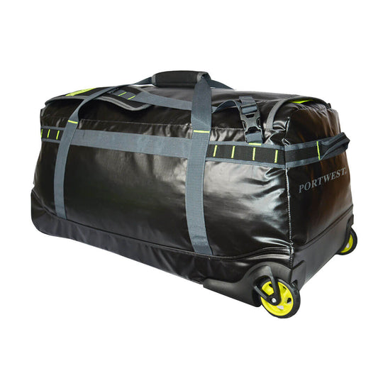 Black Portwest PW3 B951 100L water-resistant duffle trolley bag.