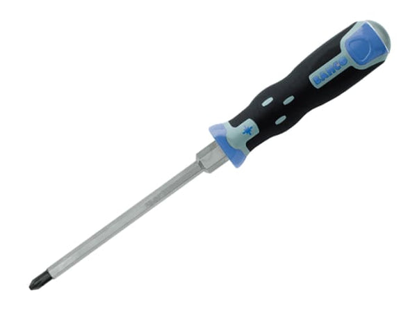 Bahco Tekno Pozi through-shank screwdriver with a two-component comfort grip handle.