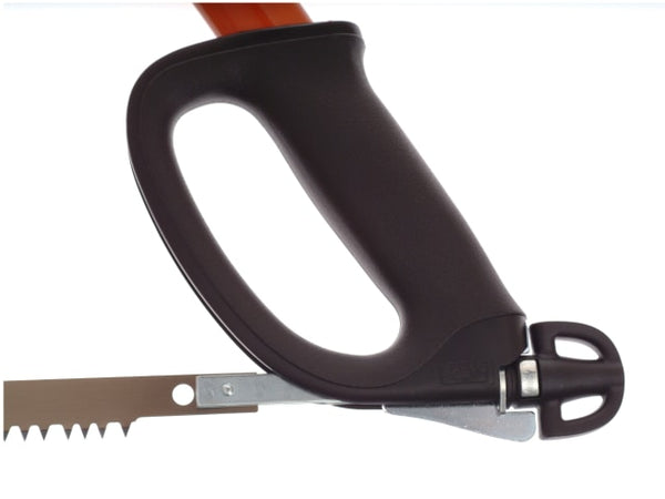 Blade tensioning mechanism on the Bahco 10-series bowsaw.