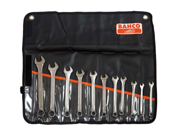 An 11-piece Bahco combination spanner set with a polished chrome finish in a black holder.