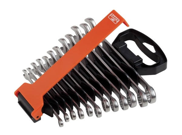 Bahco 12-piece chrome polished combination spanner set displayed in a branded tool roll.