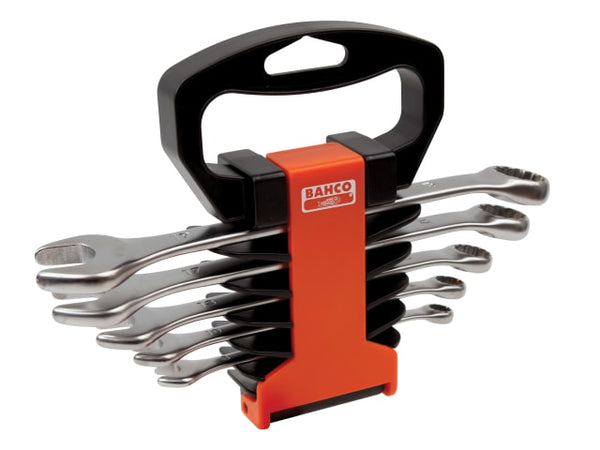 Compact 5-piece Bahco combination spanner set with a polished finish on a plastic rail.