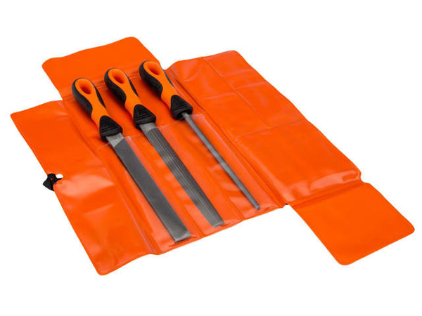 Bahco 3-piece, 200mm Ergo engineering file set presented in a protective plastic wallet.