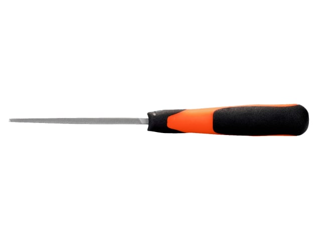 Side profile of a large Bahco Ergo engineering square file highlighting its handle.