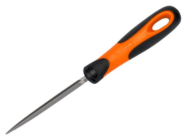 Bahco Ergo three-square file with a triangular body and ergonomic two-component handle.