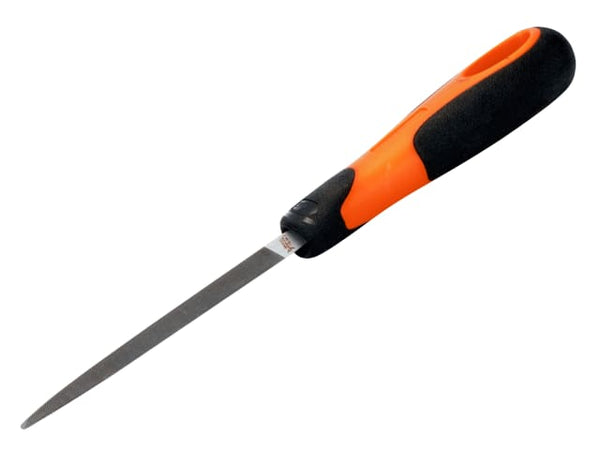 Detailed close-up of the double-cut teeth on the Bahco Ergo three-square file.