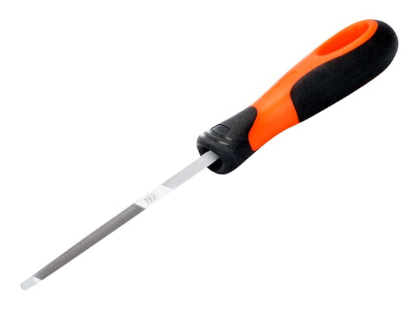 Bahco Ergo double-ended saw file with a central, ergonomic orange and black handle.