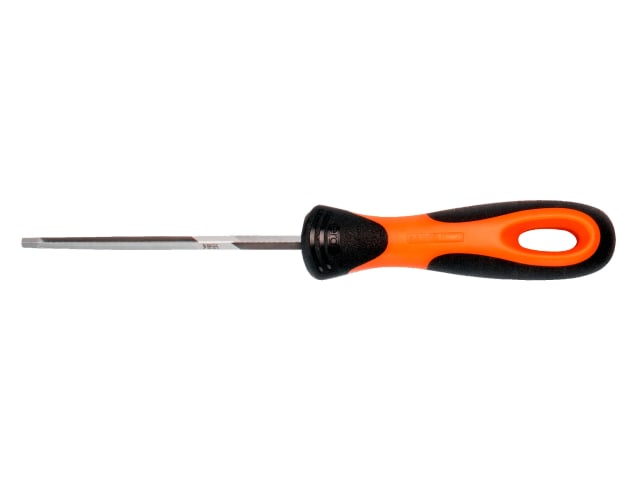 A close-up view of one end of the triangular Bahco double-ended saw file.