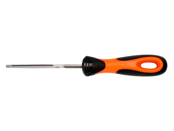 A close-up view of one end of the triangular Bahco double-ended saw file.