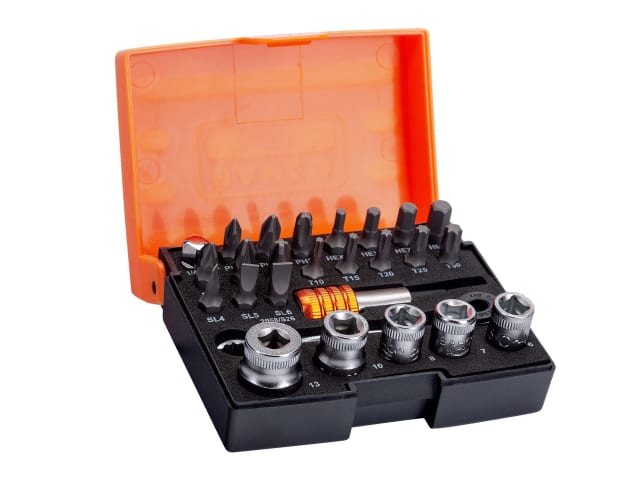 Open view of the Bahco 26-piece socket set, showing all components neatly organized.