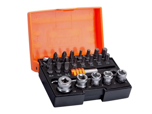 Open view of the Bahco 26-piece socket set, showing all components neatly organized.