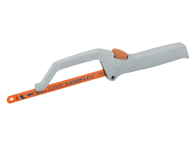 The Bahco 208 Mini Saw shown in use cutting through a small piece of wood.