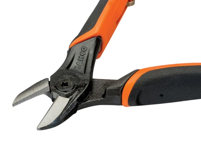 A different perspective of the 180mm Bahco side cut pliers on a white background.
