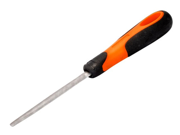 A Bahco Ergo half-round file with an orange and black handle for improved grip.