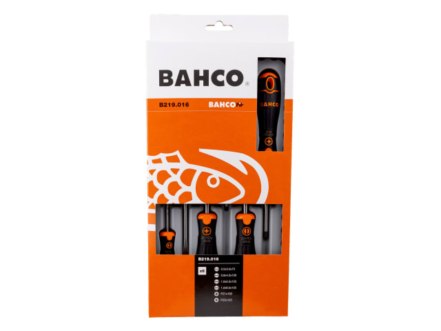 Retail packaging for the BahcoFit 6-piece Pozidriv and slotted screwdriver set.