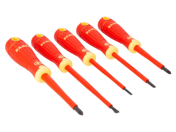 The five VDE-insulated screwdrivers from the BahcoFit B220.005 set displayed.