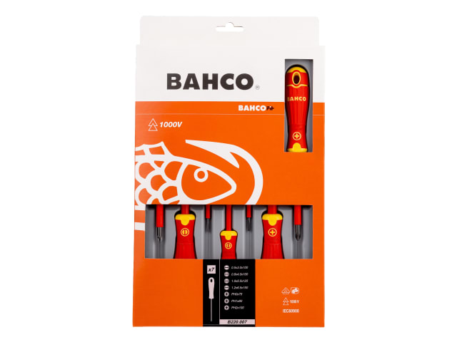 The commercial packaging for the BahcoFit 7-piece insulated screwdriver set.