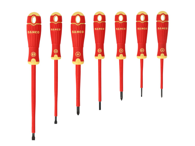 A 7-piece BahcoFit insulated screwdriver set, B220.017, with Pozidriv and slotted tips.