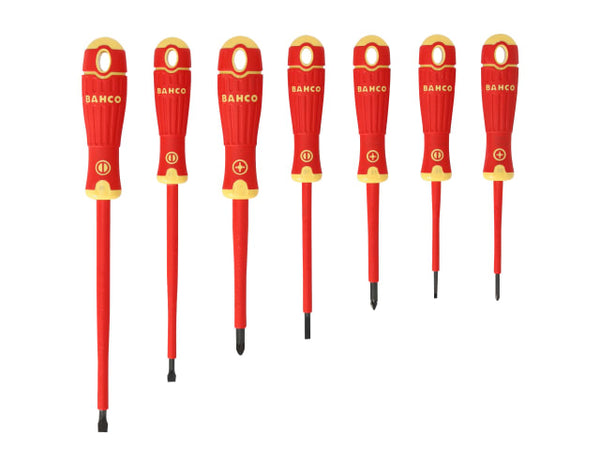 A 7-piece BahcoFit insulated screwdriver set, B220.017, with Pozidriv and slotted tips.