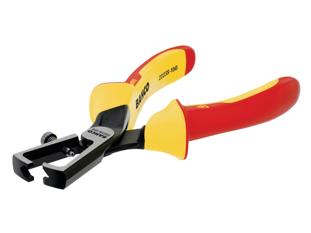 The Bahco 2223S wire stripping pliers shown at an angle to highlight the VDE-rated grips.