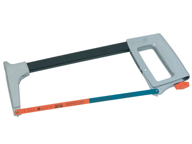 A Bahco 225-PLUS 300mm hacksaw frame with a comfortable grip and yellow accents.