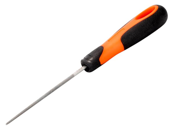 Bahco Ergo round file with an ergonomic orange and black handle for shaping materials.