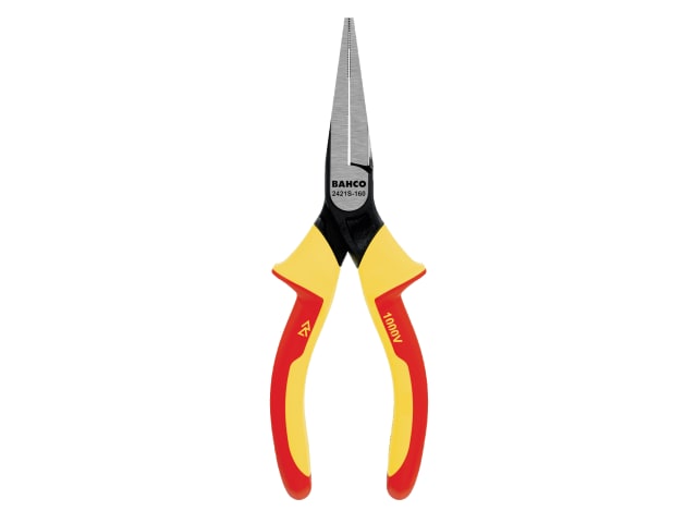 A detailed look at the serrated jaws of the 160mm Bahco insulated flat nose pliers.