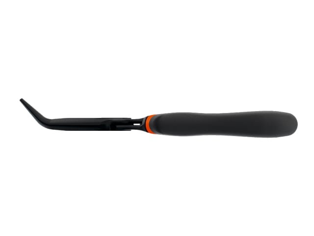 Close-up of the finely serrated tips of the Bahco 160mm Ergo bent snipe nose pliers.