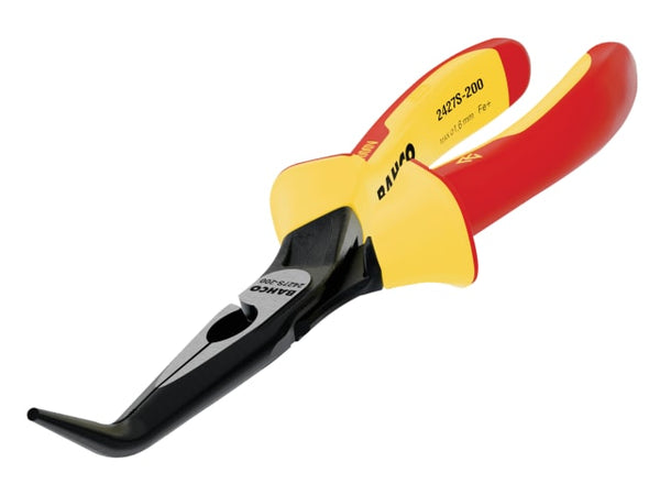 Bahco 2427S Ergo 160mm insulated bent nose pliers with red and yellow safety handles.