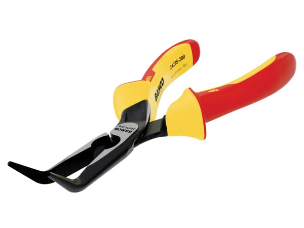 Detailed view of the angled tips on the Bahco Ergo insulated bent nose pliers.