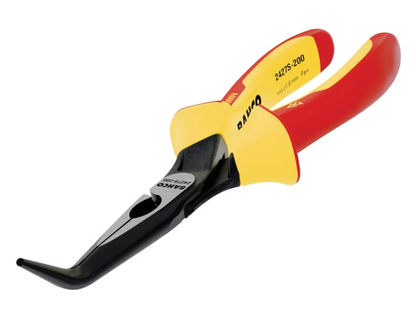 Large 200mm Bahco insulated bent nose pliers with a 45-degree angled head.